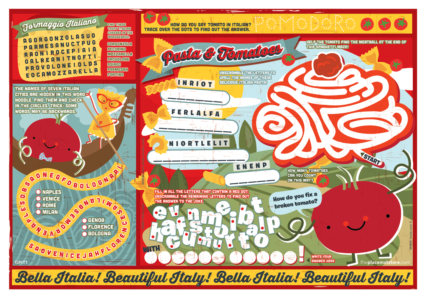 Tomato-Tastic Italian Kids’ Activity Placemat – Customizable for Family-Friendly Restaurants & Pizzerias